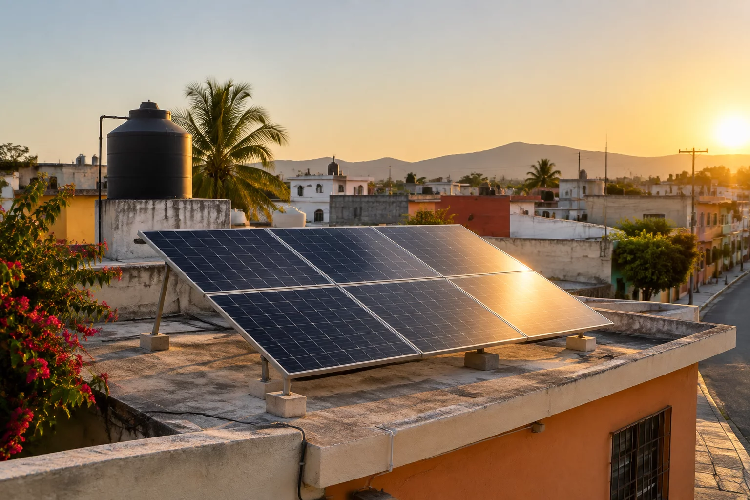 Paneles solares montados sobre la azotea de concreto de una casa mexicana al atardecer